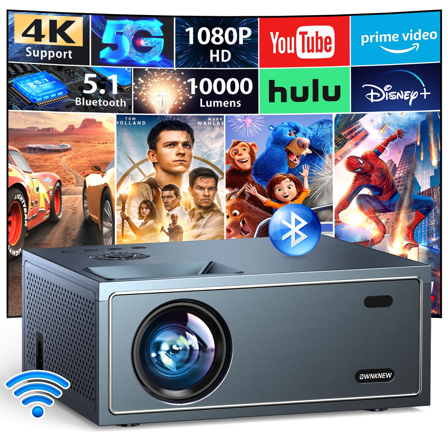 Ownknew Projector 4K with WiFi and Bluetooth Supported, Full HD 1080P Movie Projector for Outdoor Portable