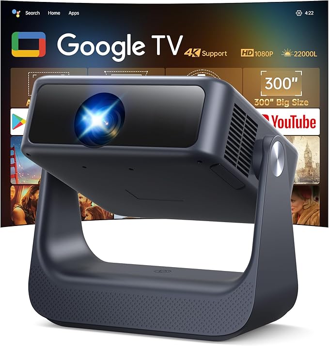 【Buit-in Google TV & Voice Control】H6 Smart Projector with WiFi 6 and Bluetooth, 4K Support Movie Outdoor Projectors Compatible with Netflix/Prime Video/YouTube, Auto Focus Home Proyector 180°Stand