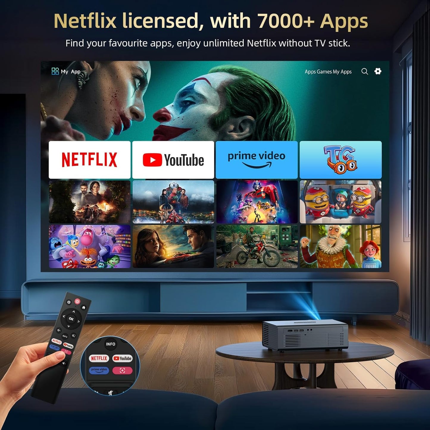 [Compatible with Netflix] GC357 Movie Projector with WiFi6 and Bluetooth5.3, Built-in App Store, Dolby Audio & Electric Focus & Auto Keystone, 4K Support High Brightness Outdoor Projectors, 1080P Proyector