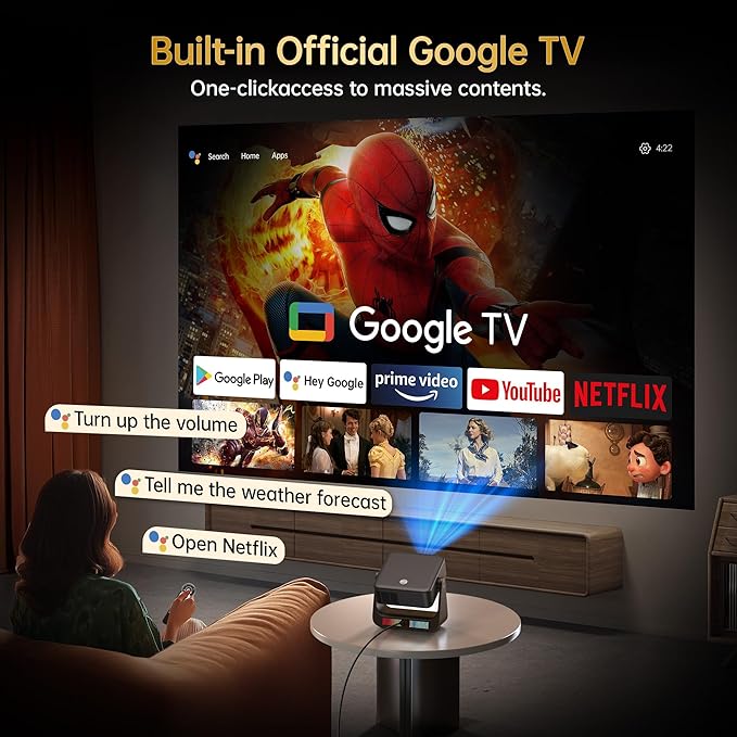 【Buit-in Google TV & Voice Control】H6 Smart Projector with WiFi 6 and Bluetooth, 4K Support Movie Outdoor Projectors Compatible with Netflix/Prime Video/YouTube, Auto Focus Home Proyector 180°Stand